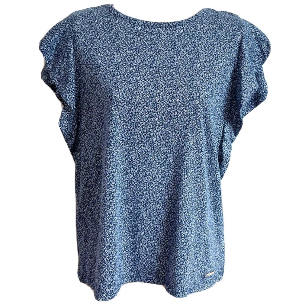 Michael Kors floral ruffle cap sleeve pullover blouse top stretchy blue …